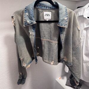 Zara Gray and Blue Cropped Jean Jacket